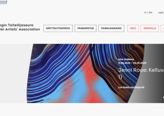 Kuvakaappaus Helsingin taiteilijaseuran sivulta, jossa näkyvissä Hyppää pääsisältöön-linkki