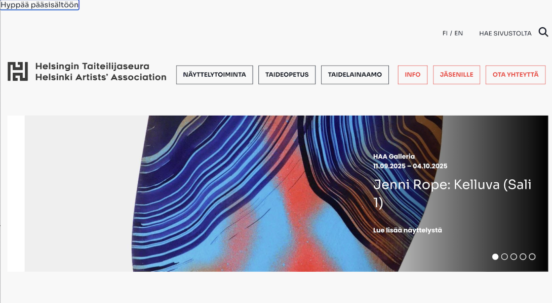 Kuvakaappaus Helsingin taiteilijaseuran sivulta, jossa näkyvissä Hyppää pääsisältöön-linkki